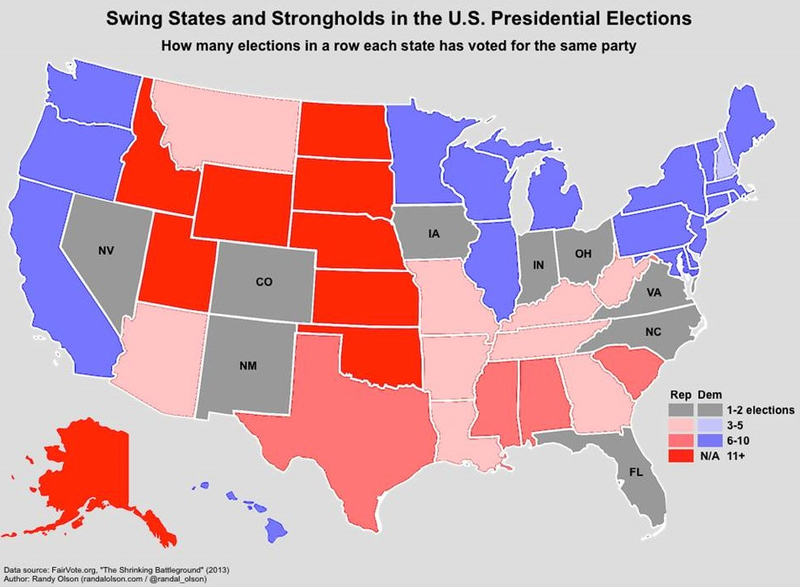 Los swing states (las zonas gris) son las regiones en el país donde puede ganar un demócrata o un republicano. Imagen: RealClearPolitics